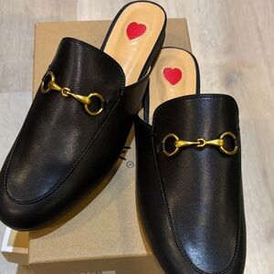 Black Leather Mules with Gold Accent